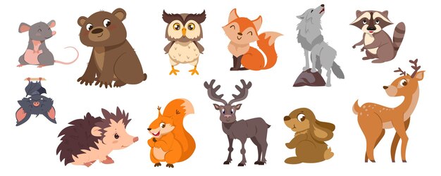 Linda colección de animales y pájaros del bosque