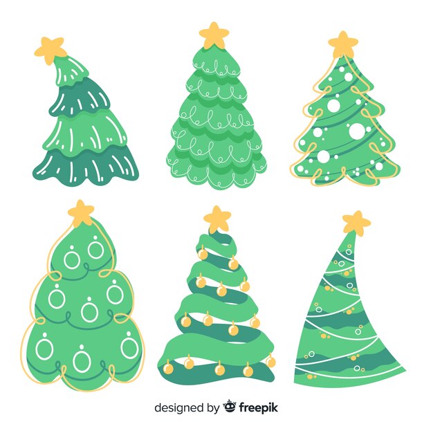 Linda colección de árboles de navidad dibujados a mano