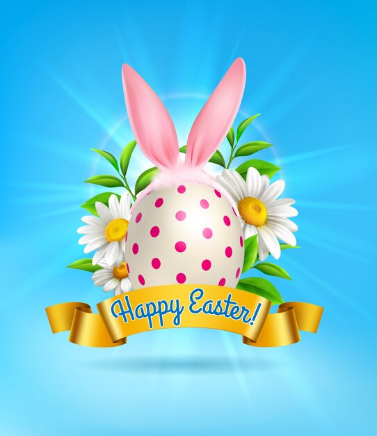 Linda composición realista de pascua con orejas de conejo pintadas de huevo y flores en azul