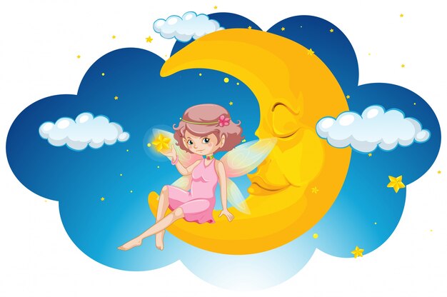 Linda hada sentada en la luna en la noche