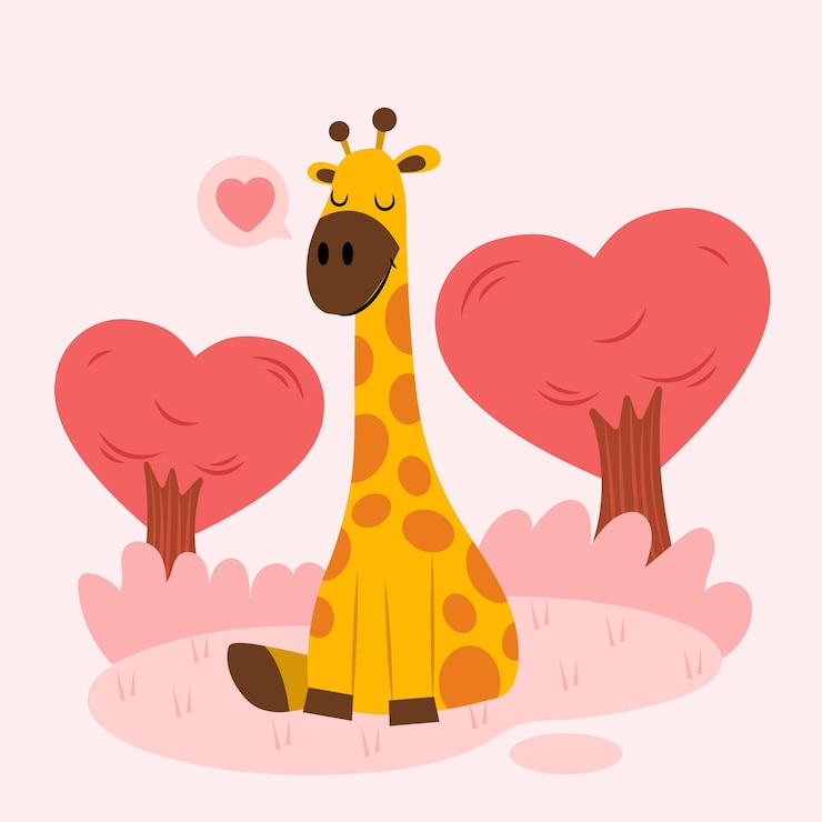 Vector gratuito linda jirafa en la naturaleza con corazón y árboles en forma de corazón