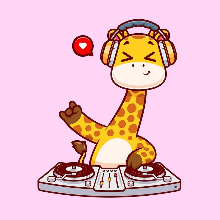 Vector gratuito linda jirafa tocando música electrónica dj con auriculares dibujos animados vector icono ilustración animal