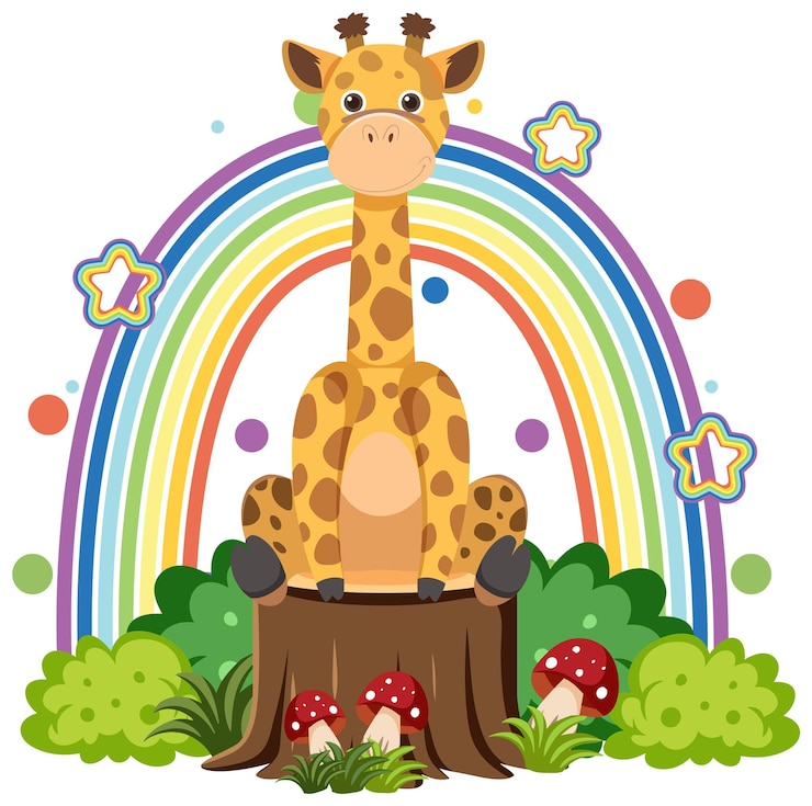 Vector gratuito linda jirafa en tocón en estilo de dibujos animados plana
