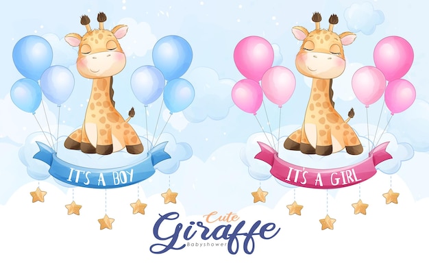 Vector gratuito linda jirafa volando con globo ilustración acuarela