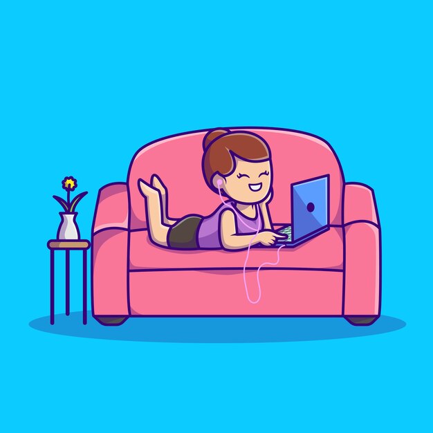 Linda mujer escuchando música en la computadora portátil con ilustración de icono de dibujos animados de auriculares. Concepto de icono de tecnología de personas aislado. Estilo de dibujos animados plana