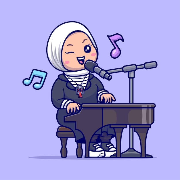 Vector gratuito linda mujer hijab cantando con piano dibujos animados vector icono ilustración personas música icono aislado