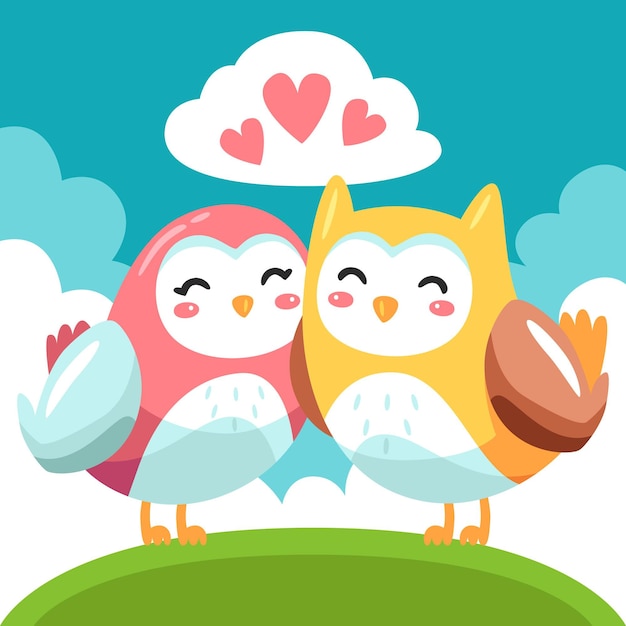 Vector gratuito linda pareja de animales de san valentín con búhos