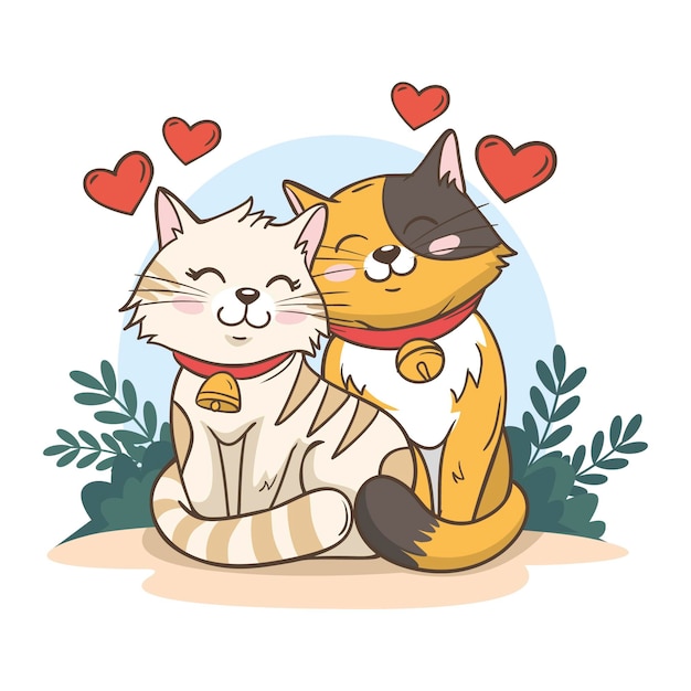 Vector gratuito linda pareja de animales de san valentín con gatos