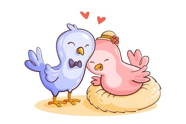 Vector gratuito linda pareja de animales de san valentín con pájaros