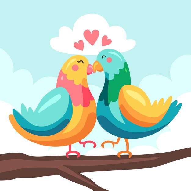Linda pareja de animales de san valentín con pájaros