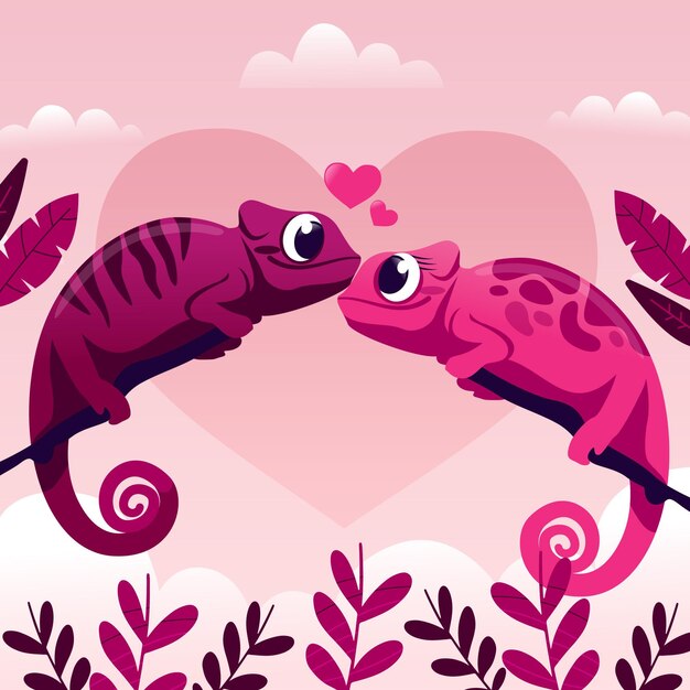 Linda pareja de camaleones de san valentín