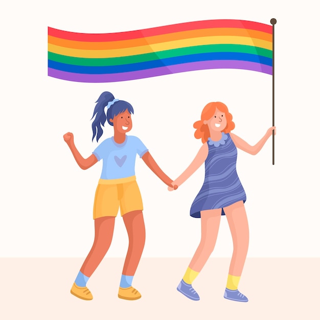 Linda pareja de lesbianas con bandera lgbt