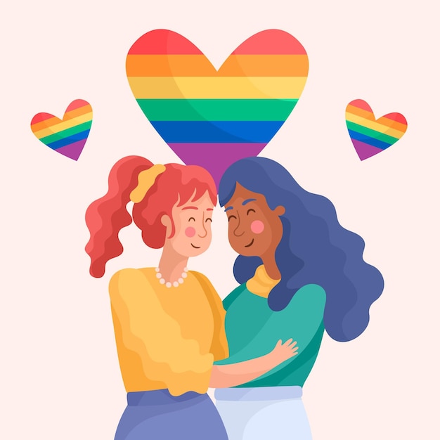 Vector gratuito linda pareja de lesbianas con bandera lgbt