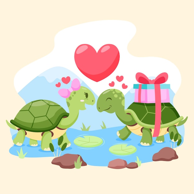 Vector gratuito linda pareja de tortugas de san valentín