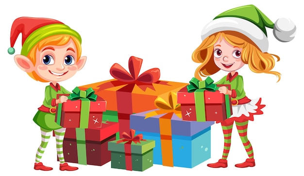 Una linda pareja con trajes de elfo con regalos de Navidad