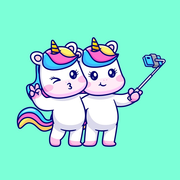 Vector gratuito linda pareja unicornio tomando selfie con teléfono juntos dibujos animados vector icono ilustración. tecnología animal