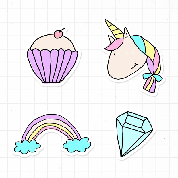 Linda pegatina de garabato pastel con un borde blanco en un vector de fondo de cuadrícula