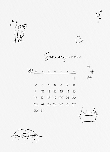 Linda plantilla de calendario de enero de 2022, vector de planificador mensual editable, estilo doodle