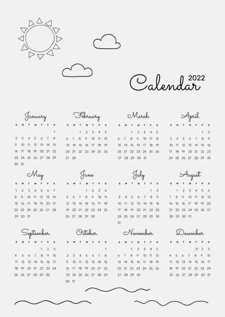 Linda plantilla de calendario mensual 2022, vector de ilustración de doodle mínimo