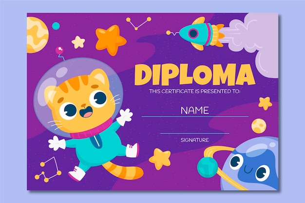 Linda plantilla de diploma de gatito astronauta