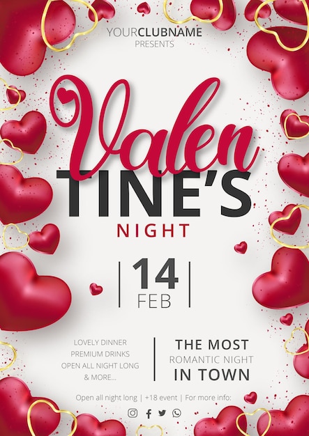 Linda plantilla de evento de cartel de fiesta de San Valentín con composición de corazones realista