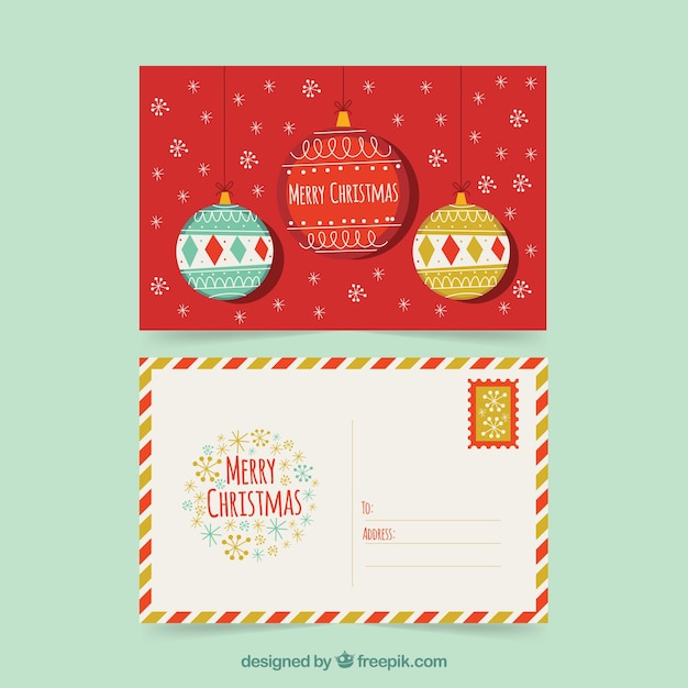 Linda postal con bolas de navidad en estilo vintage