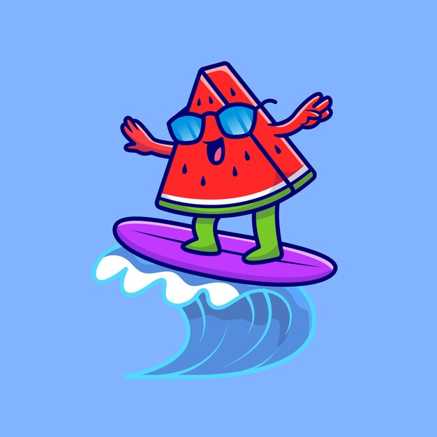 Linda sandía surfeando en la playa icono de dibujos animados ilustración. Concepto de icono de verano de alimentos aislado. Estilo de dibujos animados plana
