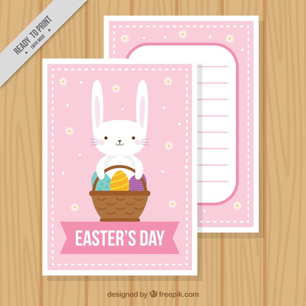 Vector gratuito linda tarjeta del día de pascua de conejito con huevos de colores