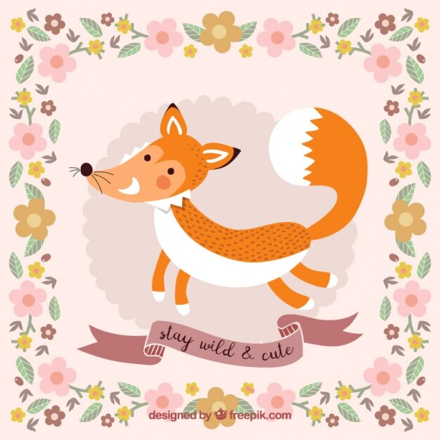 Linda tarjeta floral de simpático zorrito