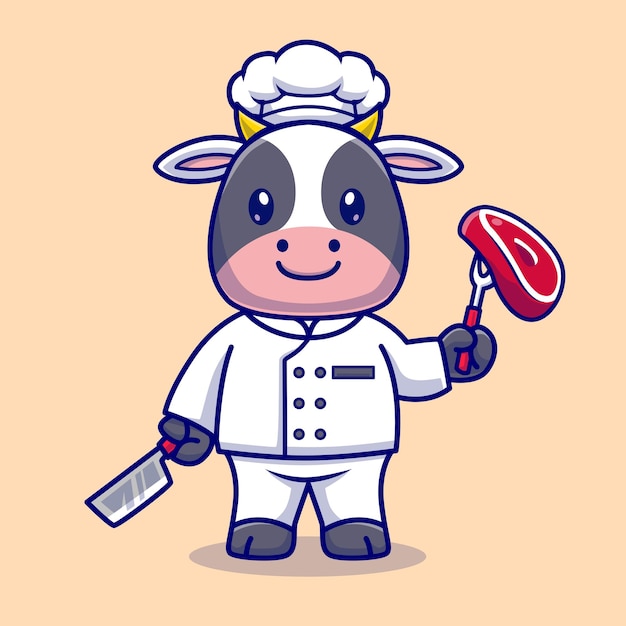 Vector gratuito linda vaca chef cocinando carne dibujos animados vector icono ilustración comida animal icono concepto aislado plano