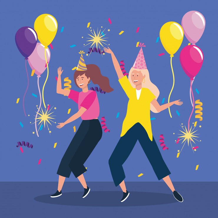 Vector gratuito lindas mujeres con sombrero de fiesta y destellos de fuegos artificiales.