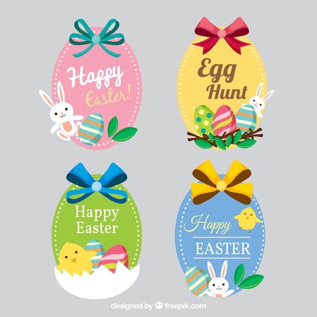 Vector gratuito lindas pegatinas con lazos de feliz pascua