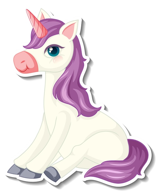 Vector gratuito lindas pegatinas de unicornio con un personaje de dibujos animados de unicornio morado