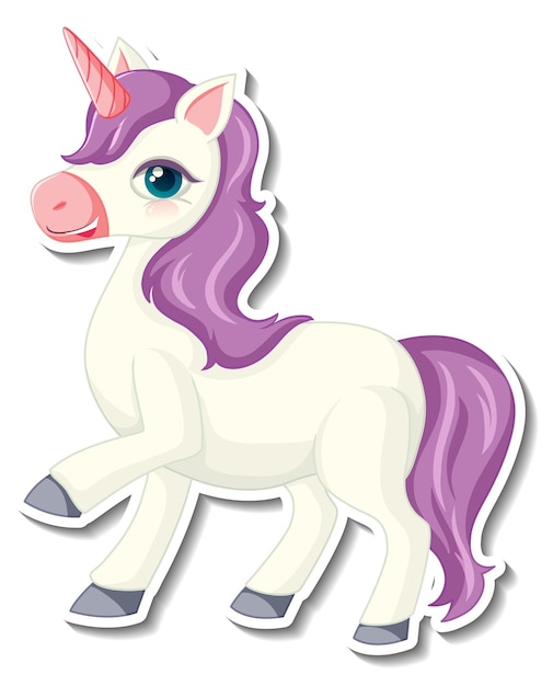 Vector gratuito lindas pegatinas de unicornio con un personaje de dibujos animados de unicornio morado