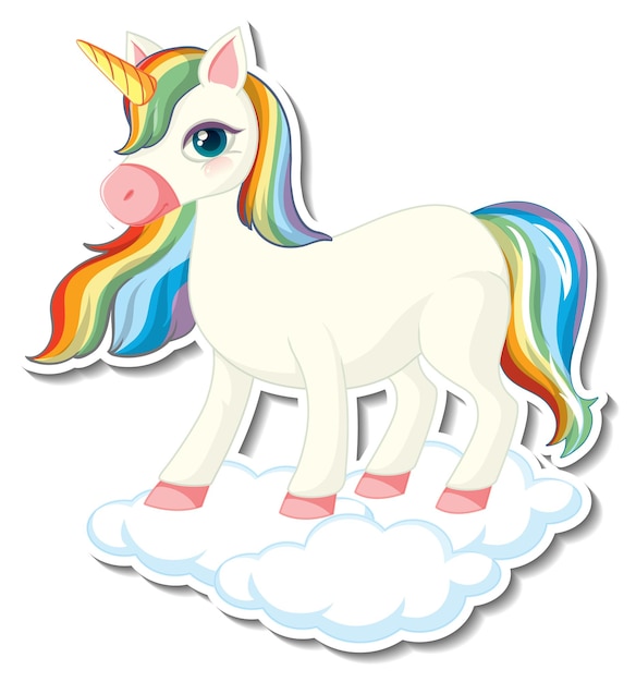 Vector gratuito lindas pegatinas de unicornio con un unicornio arcoíris de pie en la nube