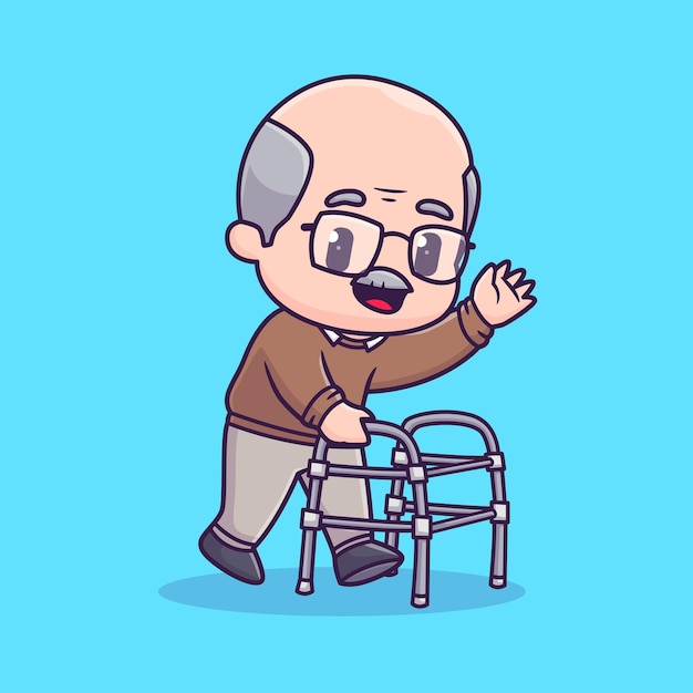 Lindo abuelo caminando con bastón de andador dibujos animados vector icono ilustración personas naturaleza aislada