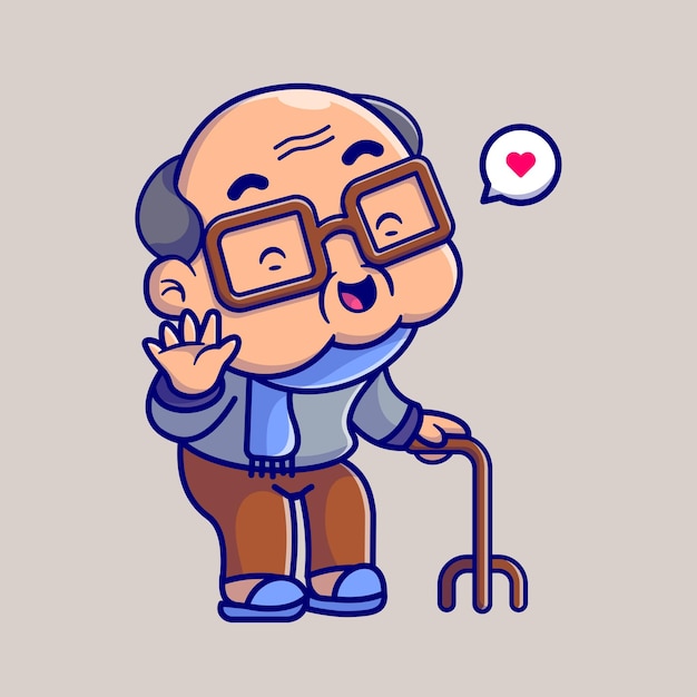 Lindo abuelo caminando con ilustración de icono de vector de dibujos animados de bastón. Icono de salud de personas aislado