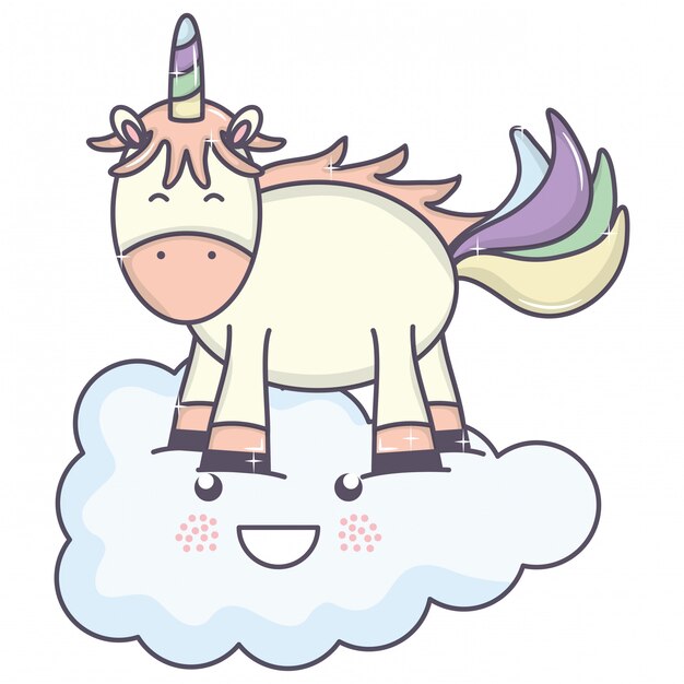 Lindo adorable unicornio y nube kawaii personajes de hadas