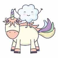 Vector gratuito lindo adorable unicornio y nube kawaii personajes de hadas