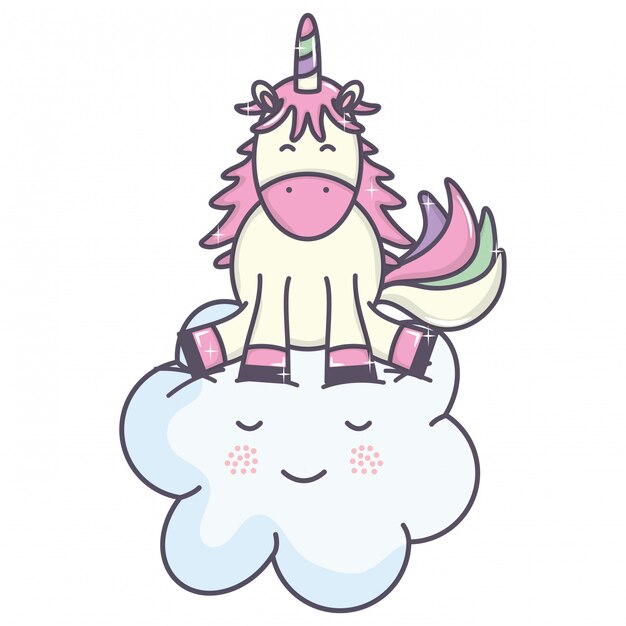 Lindo adorable unicornio y nube kawaii personajes de hadas