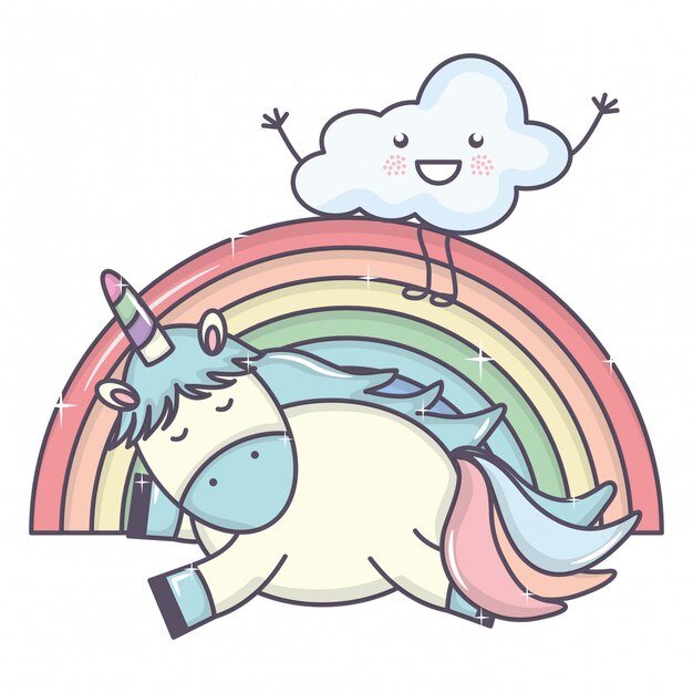 Lindo adorable unicornio con nubes y arcoiris