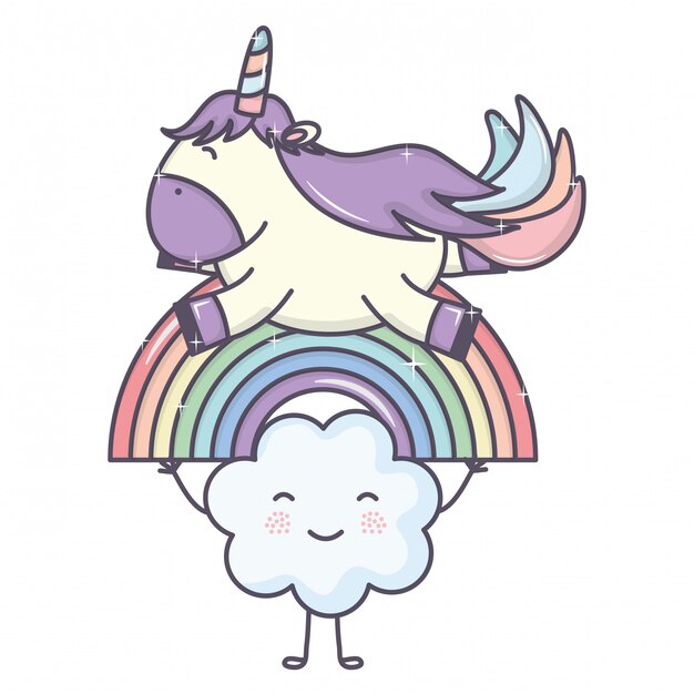 Lindo adorable unicornio con nubes y arcoiris