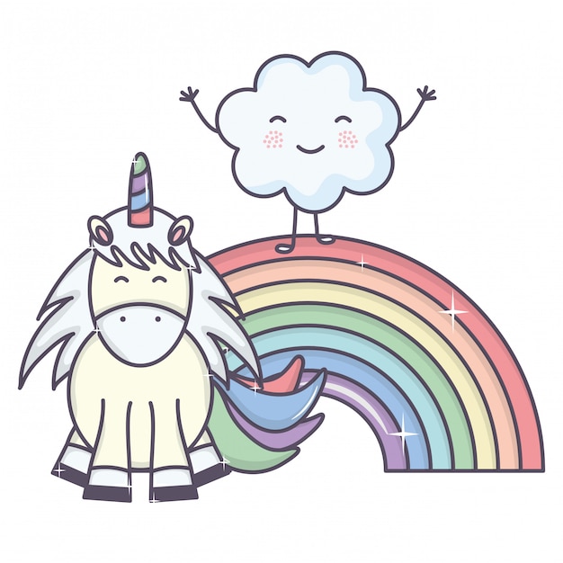 Lindo adorable unicornio con nubes y arcoiris