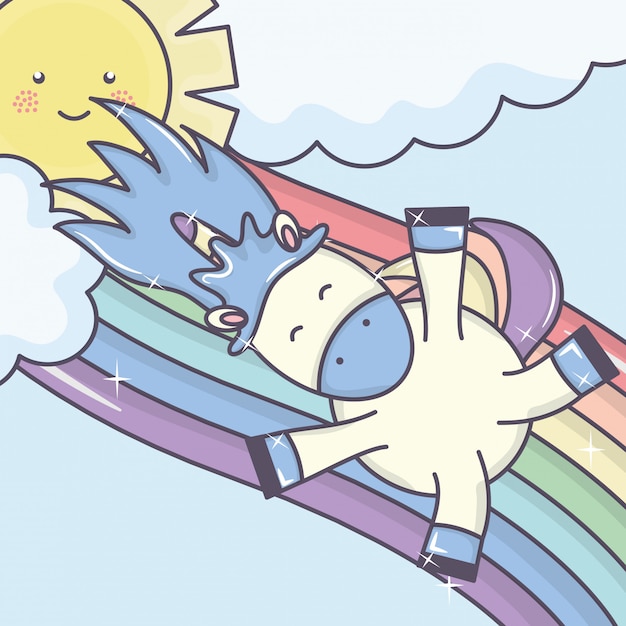 Vector gratuito lindo adorable unicornio con nubes y arcoiris