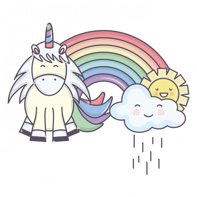 Lindo adorable unicornio con nubes lluviosas y arcoiris