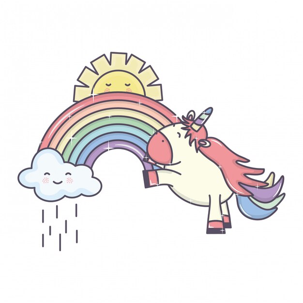 Lindo adorable unicornio con nubes lluviosas y arcoiris