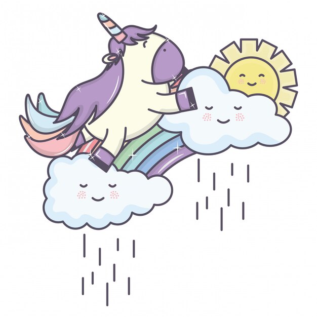 Lindo adorable unicornio con nubes lluviosas y arcoiris