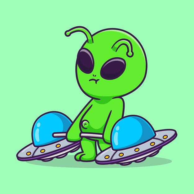 Lindo Alien Levantando Ufo Barbell Dibujos Animados Vector Icono Ilustración Ciencia Deporte Icono Concepto Aislado