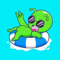 Vector gratuito lindo alienígena chill en neumáticos de natación con jugo icono vectorial de dibujos animados ilustración de ciencias piso de vacaciones