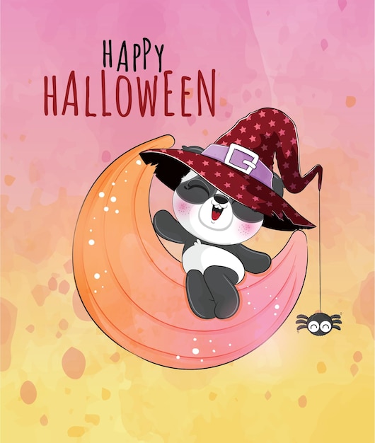 Lindo animal bruja panda en la luna ilustración de halloween - lindo animal acuarela panda personaje